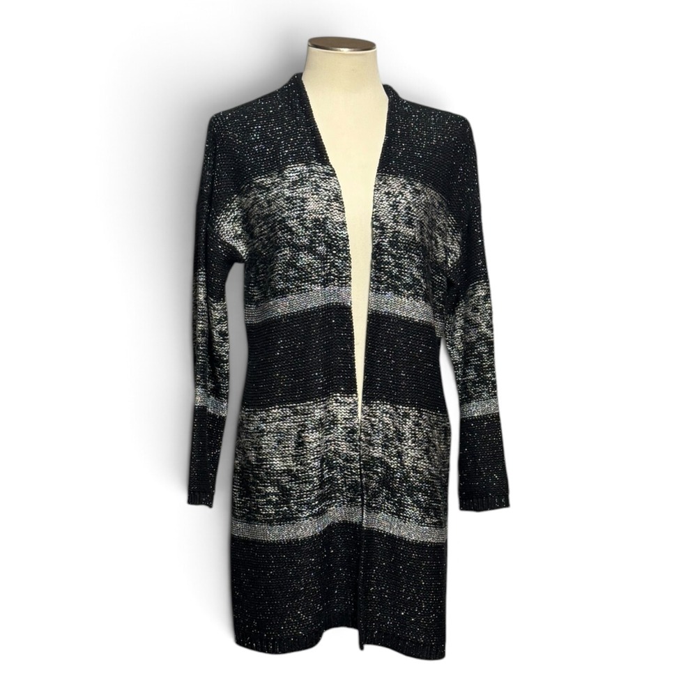 Chico's Wool Blend Open Front Cardigan Sweater Black Gray Silver Large